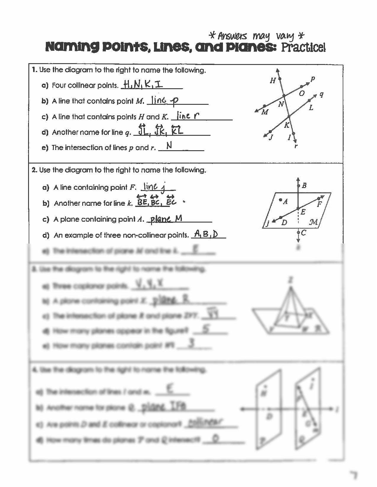 1 2 Points Lines And Planes Worksheet Answer Key Kidsworksheetfun