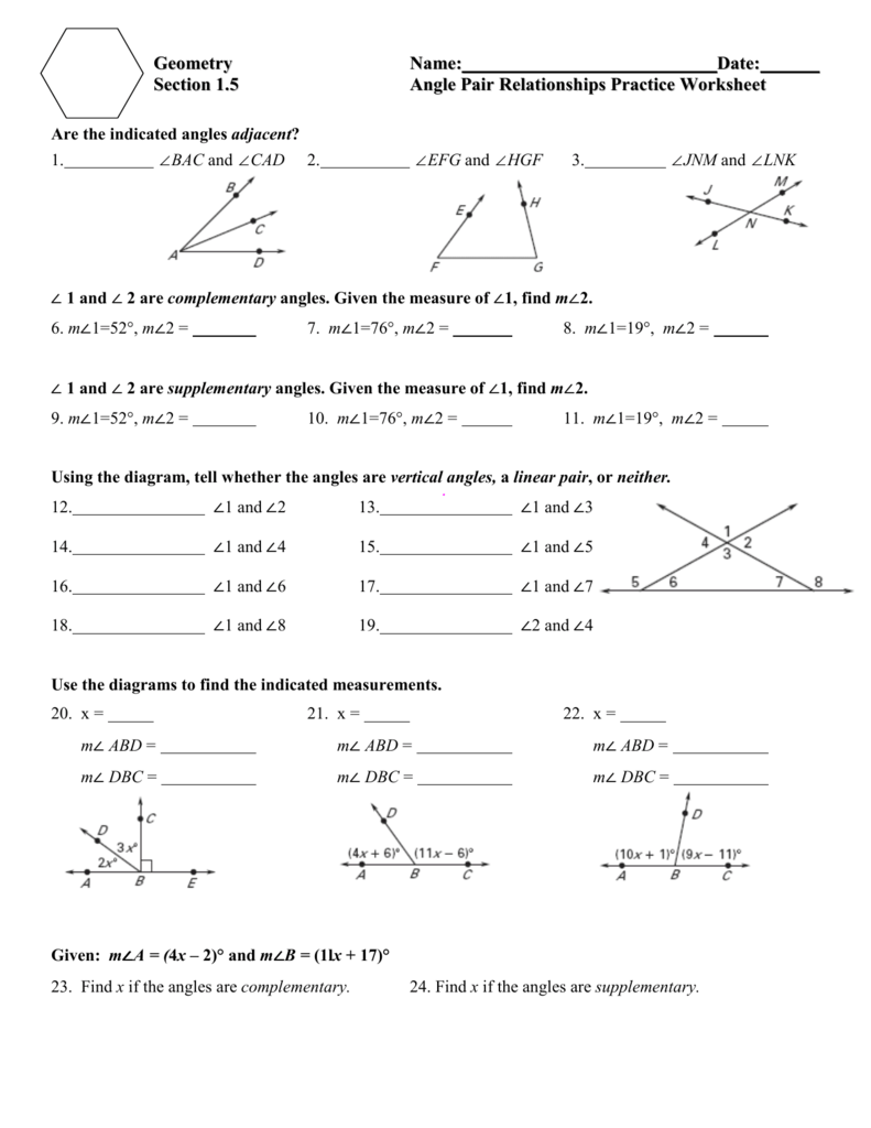 1 5 Angle Pair Relationships Practice Worksheet Answers Db Excel Com