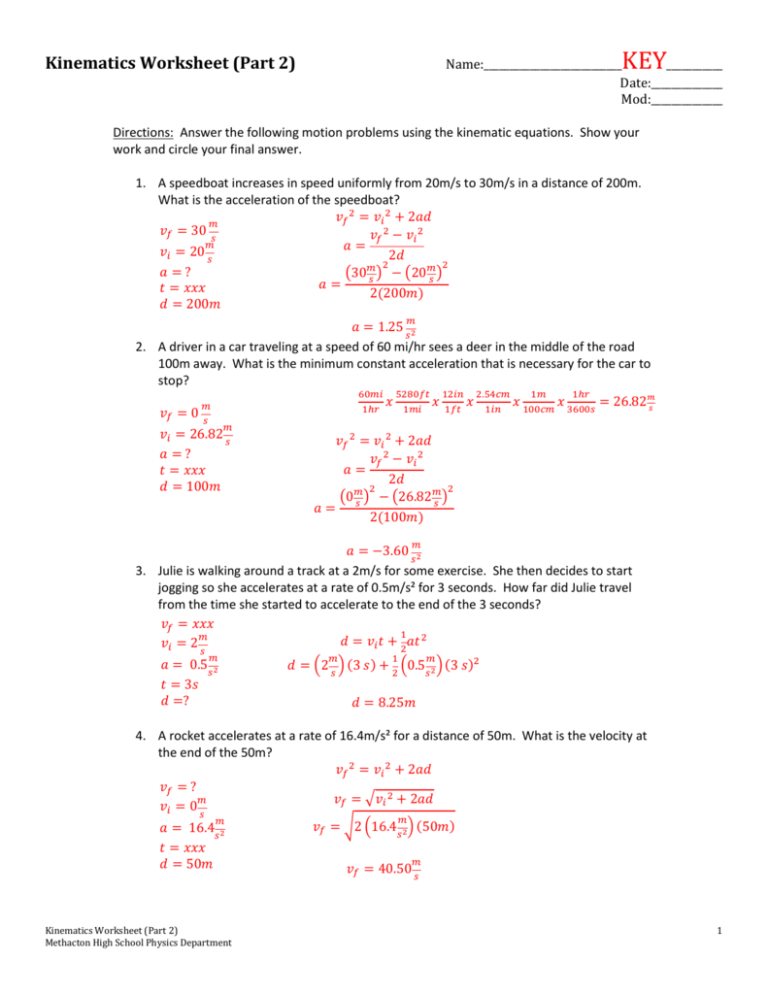 5 Acceleration Problems Solved: 1-D Kinematics Worksheet Answers