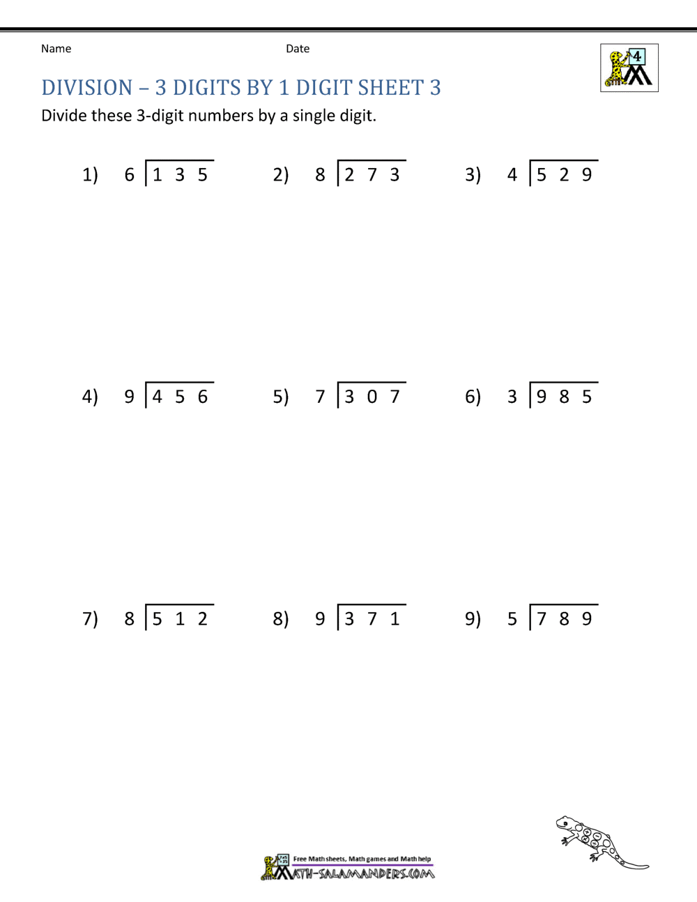 1 Digit Division Worksheets