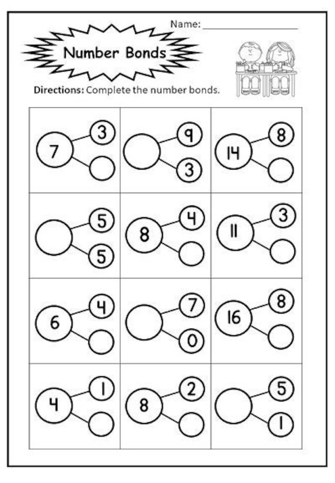 10 Printable Number Bonds Worksheets Numbers 1 20 For Etsy