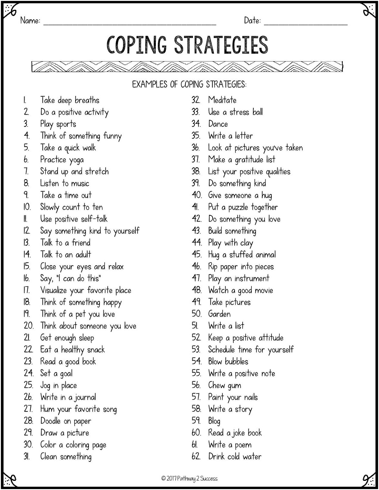 100 Coping Skills Free Printable