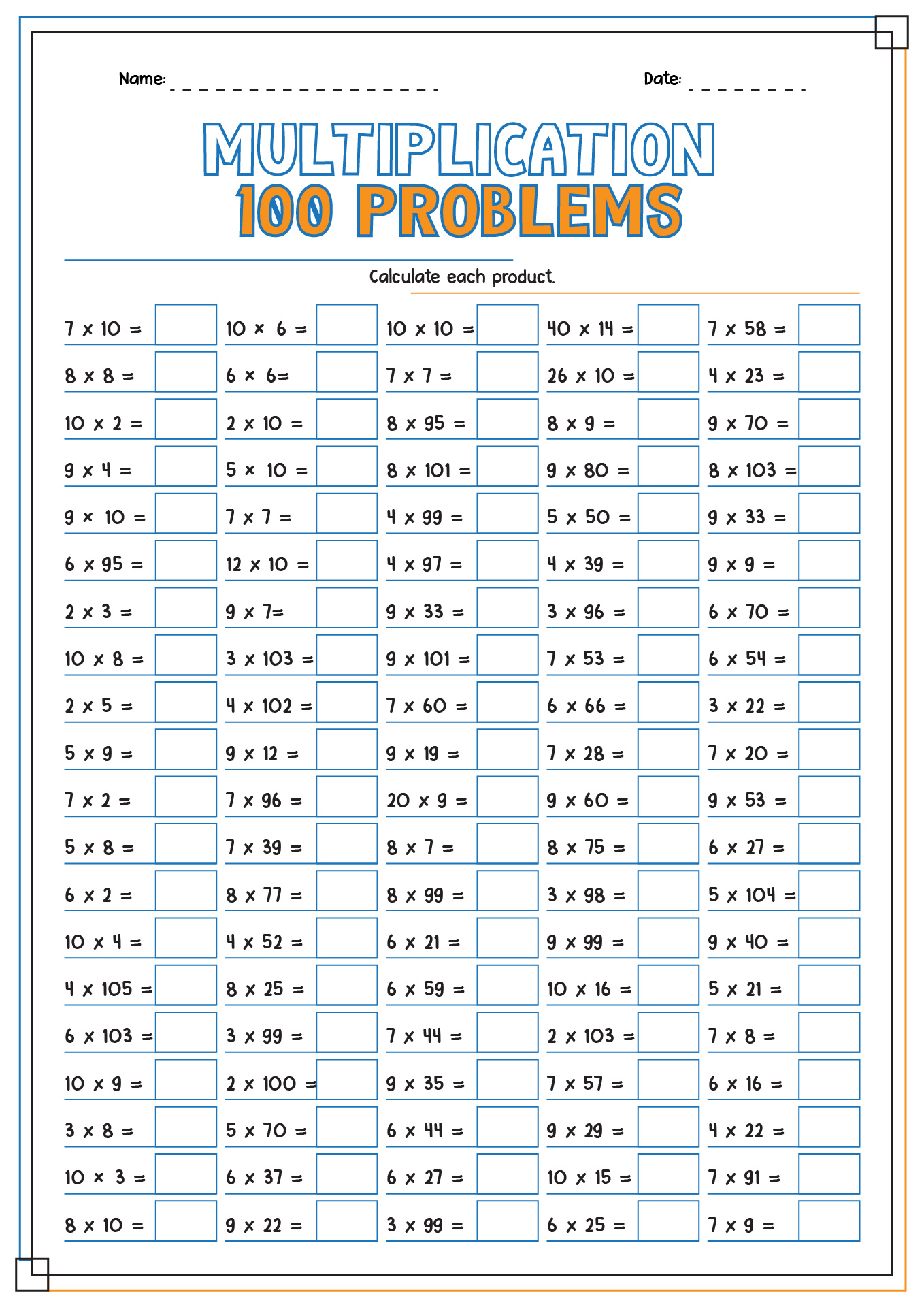 100 Multiplication Problems Worksheets Pdf