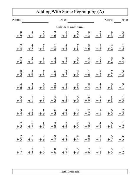 100 Single Digit Addition Problems