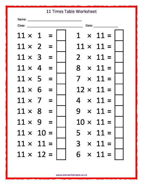 11 Times Table Worksheet