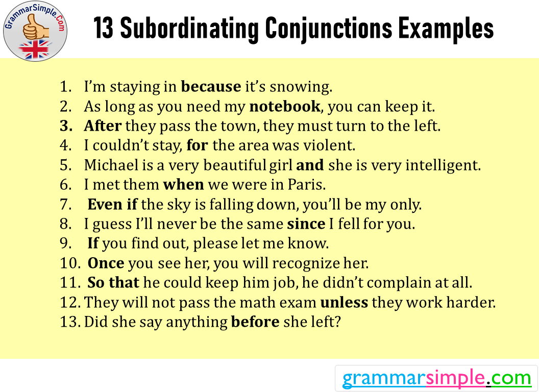 13 Subordinating Conjunctions Examples Grammar Simple Subordinating