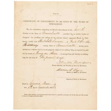 1863 Union Draft Exemption Certificate As Alien