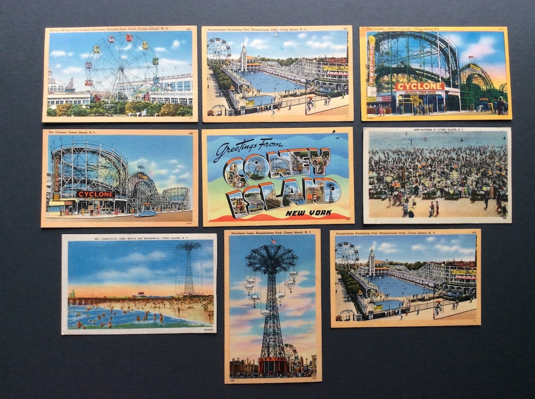 1957 Lot Of 9 Coney Island Postcards Amusement Park Parachute Etsy