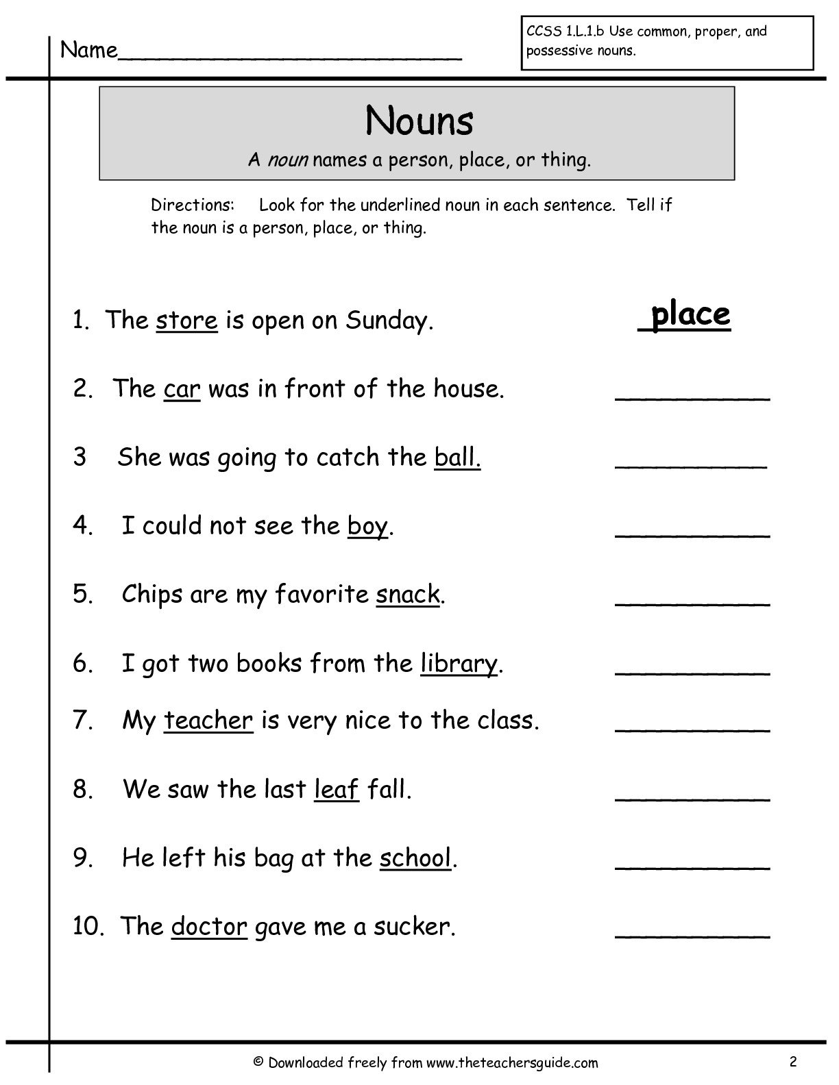 1St Grade Free Noun Worksheets