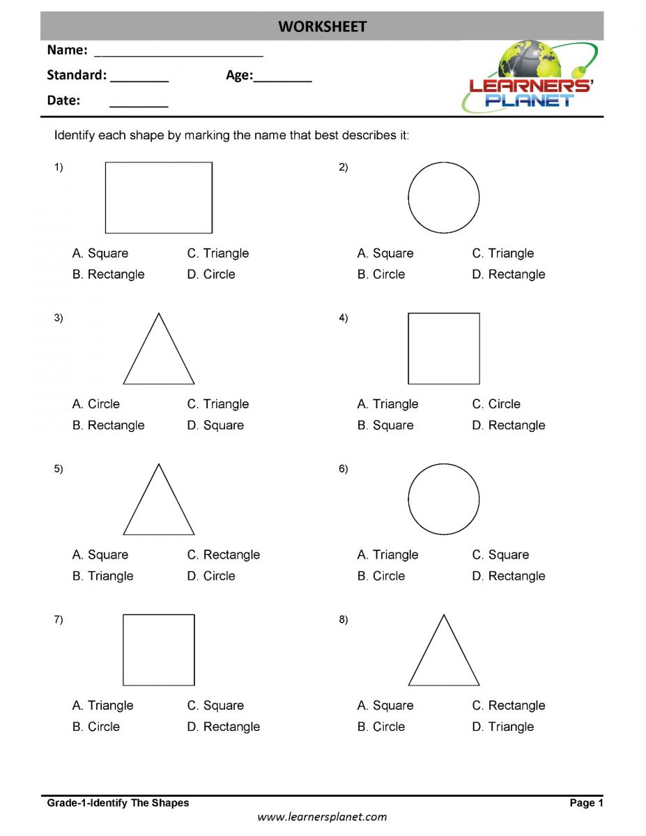 1St Grade Geometry Worksheets Identify The Shapes