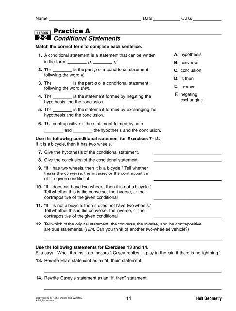 2 2 Practice A Conditional Statements Keller Isd Schools Worksheets