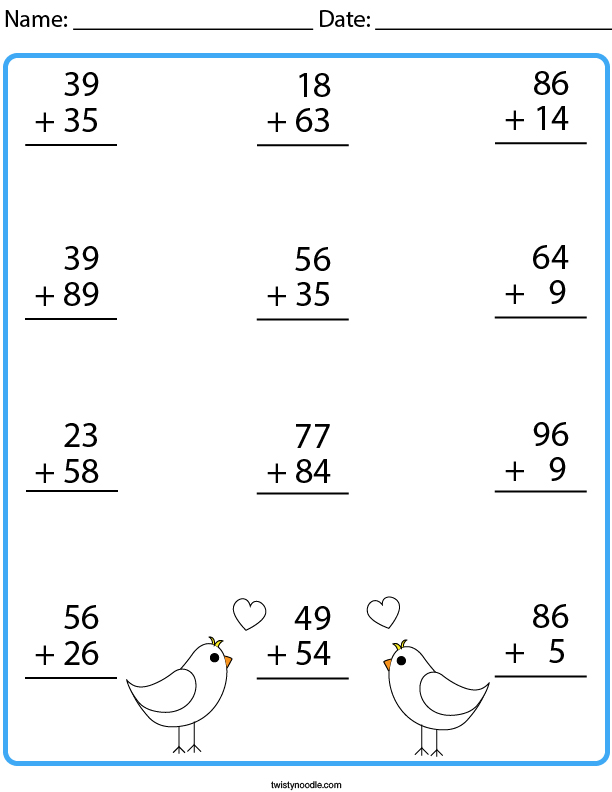 2 Digit Addition With Carrying Math Worksheets