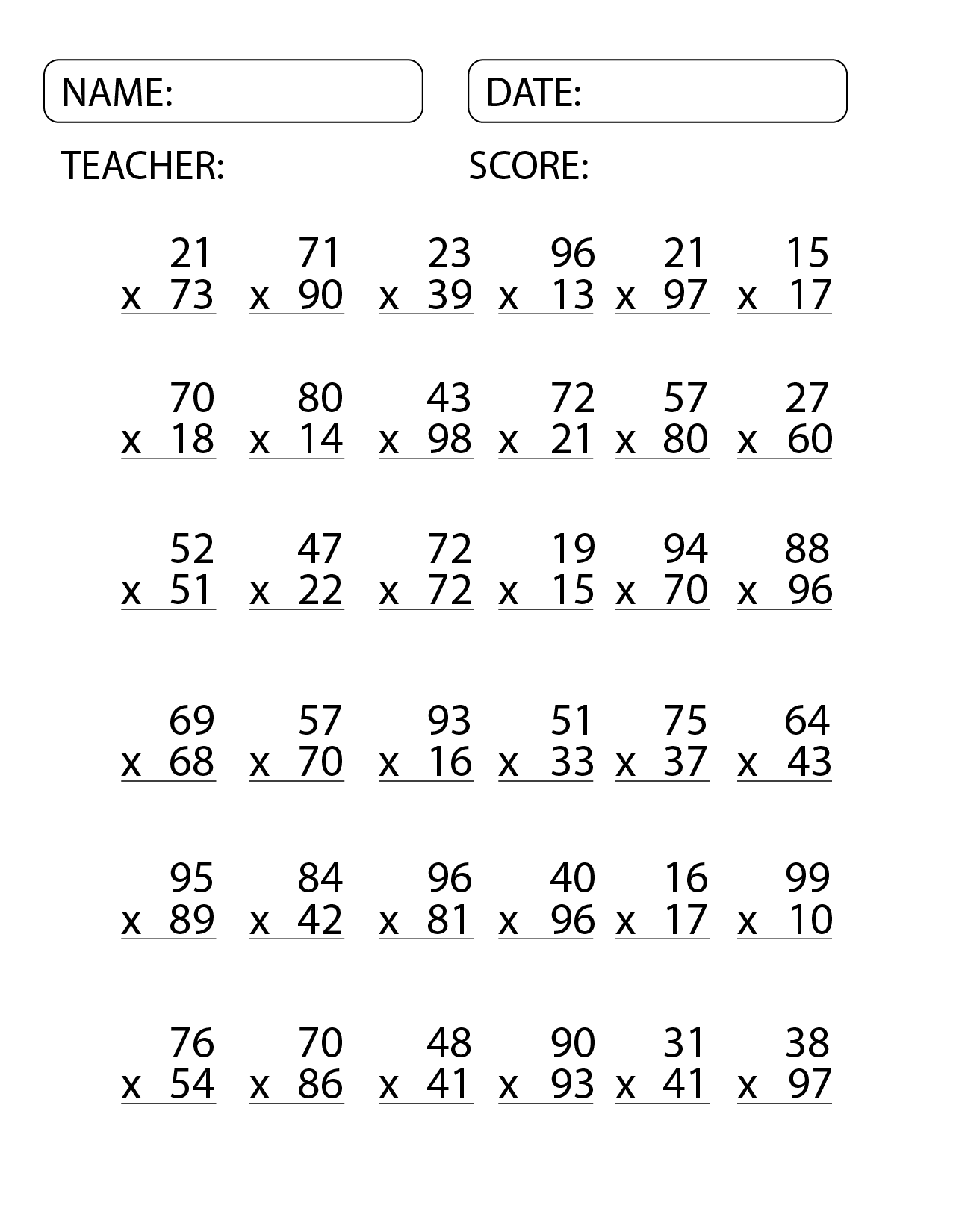 2 Digit Multiplication Worksheets