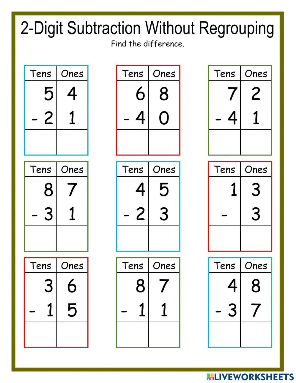 2 Digit Subtraction Without Regrouping Dj Worksheet Subtraction