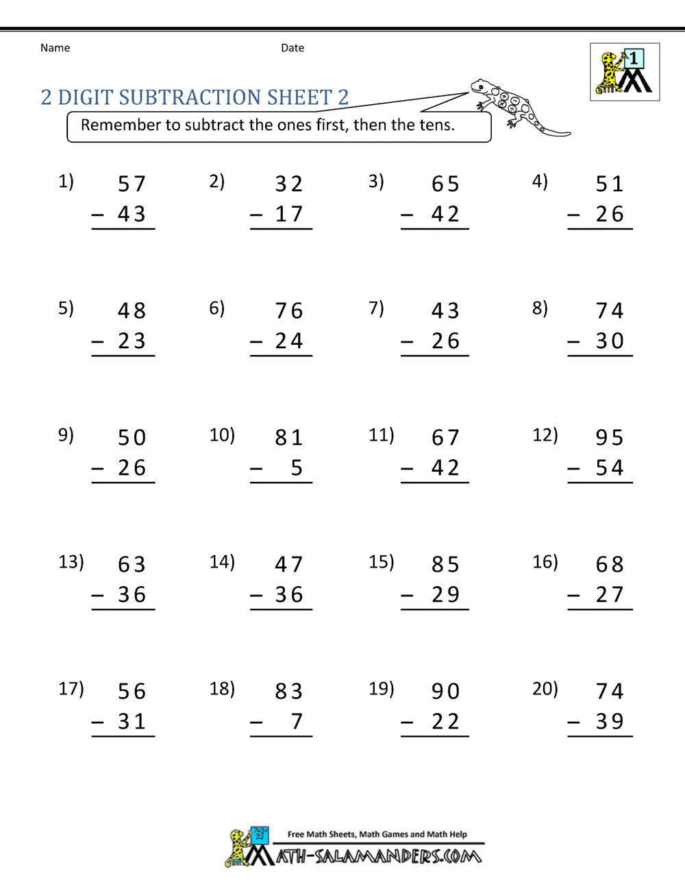 2 Digit Subtraction Worksheet