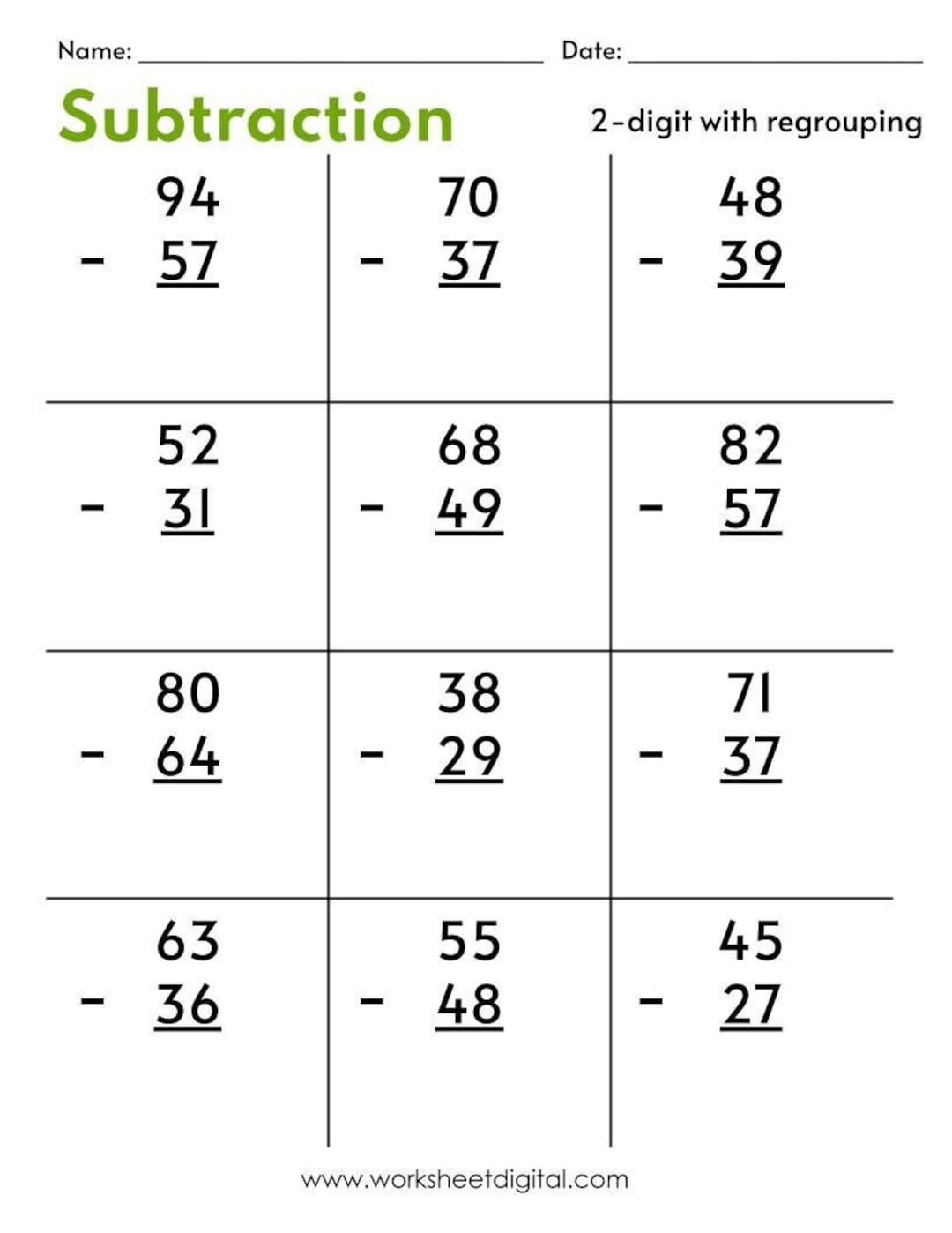 2 Digit Subtraction Worksheets Worksheets Library