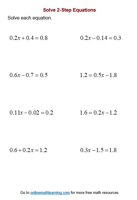 2 Step Equations Decimals Worksheet