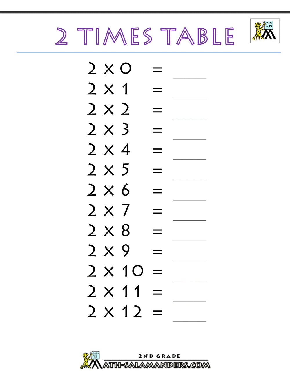 2 Times Table Worksheet Printable