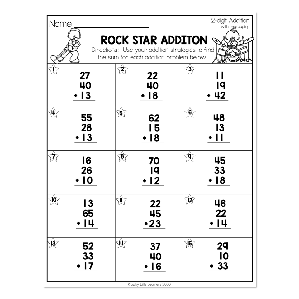 2Nd Grade Math Worksheets 2 Digit Addition With Regrouping Rock Star Addition Lucky Little