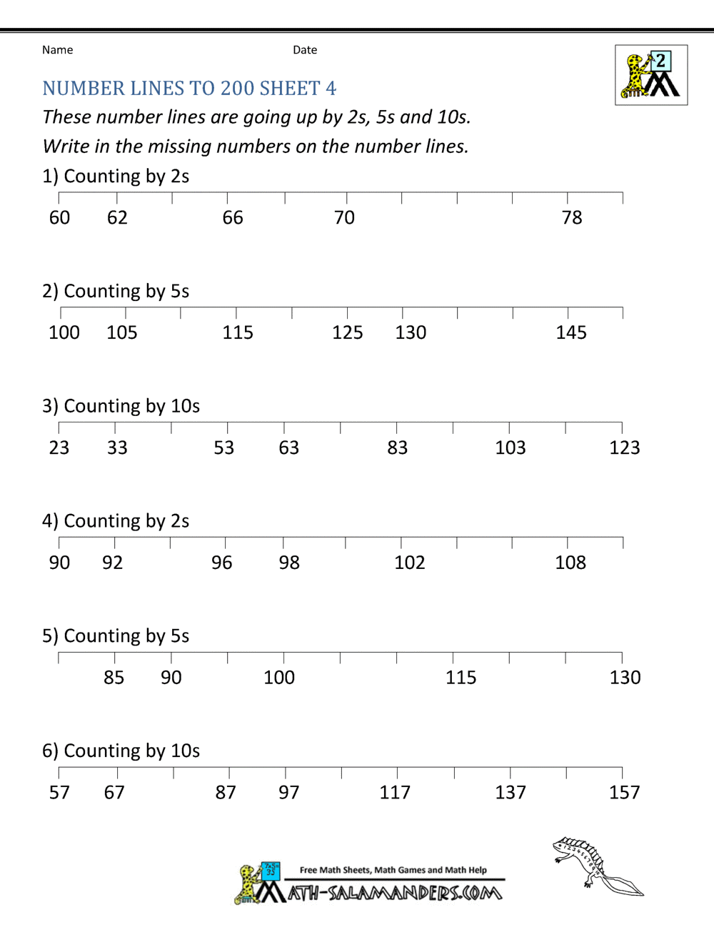 2nd Grade Number Line Math Worksheets