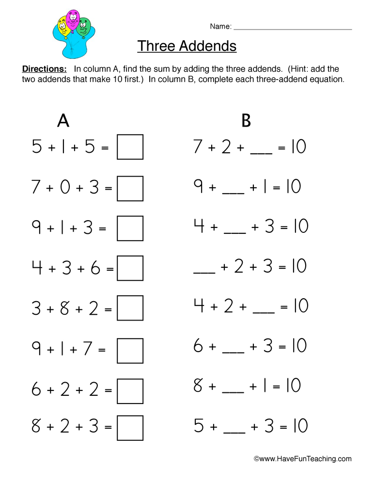 3 Addends Worksheet: Fun Math Practice for Kids