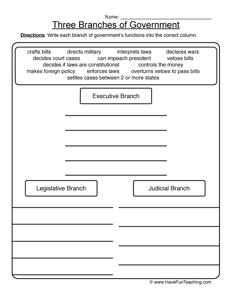 3 Branches Of Government Worksheet For Kids