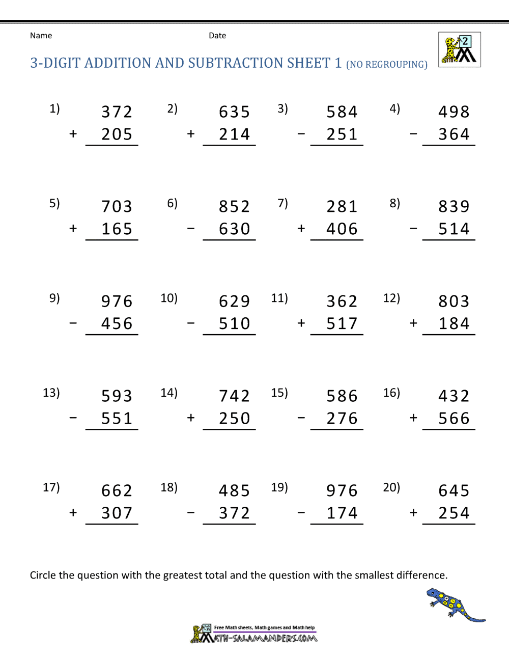 3 Digit Addition And Subtraction Worksheets Worksheets Library