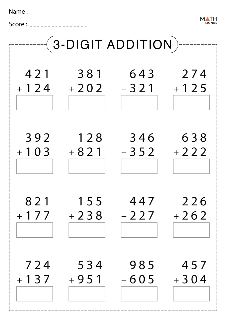 3 Digit Addition Worksheets