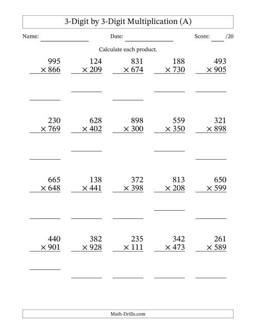 3 Digit By 3 Digit Multiplication Worksheet