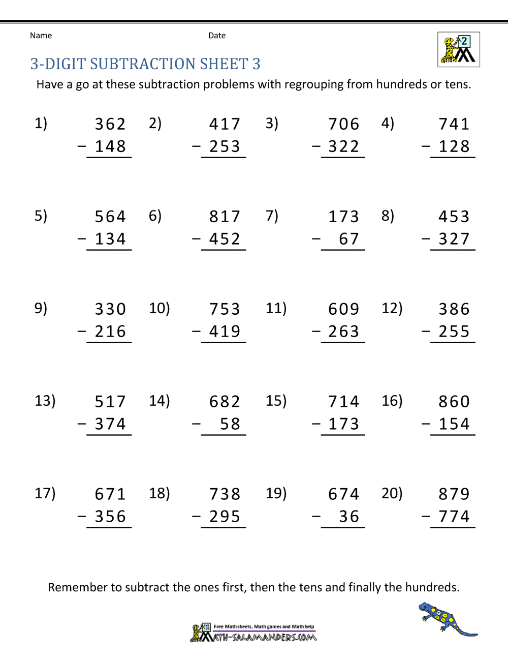 5 Free Worksheets for 3-Digit Subtraction Mastery