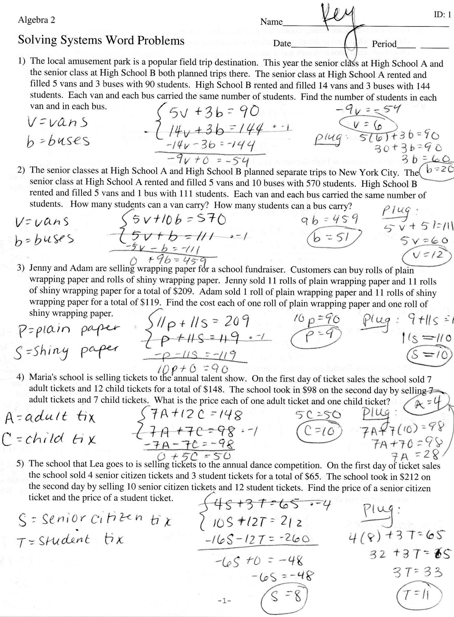 3 Variable System Of Equations Word Problems Worksheet Answers