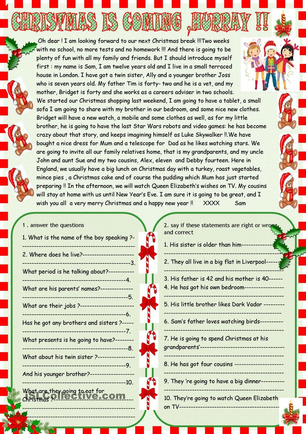 3Rd Grade Christmas Reading Comprehension Worksheets Alphabetworksheetsfree Com