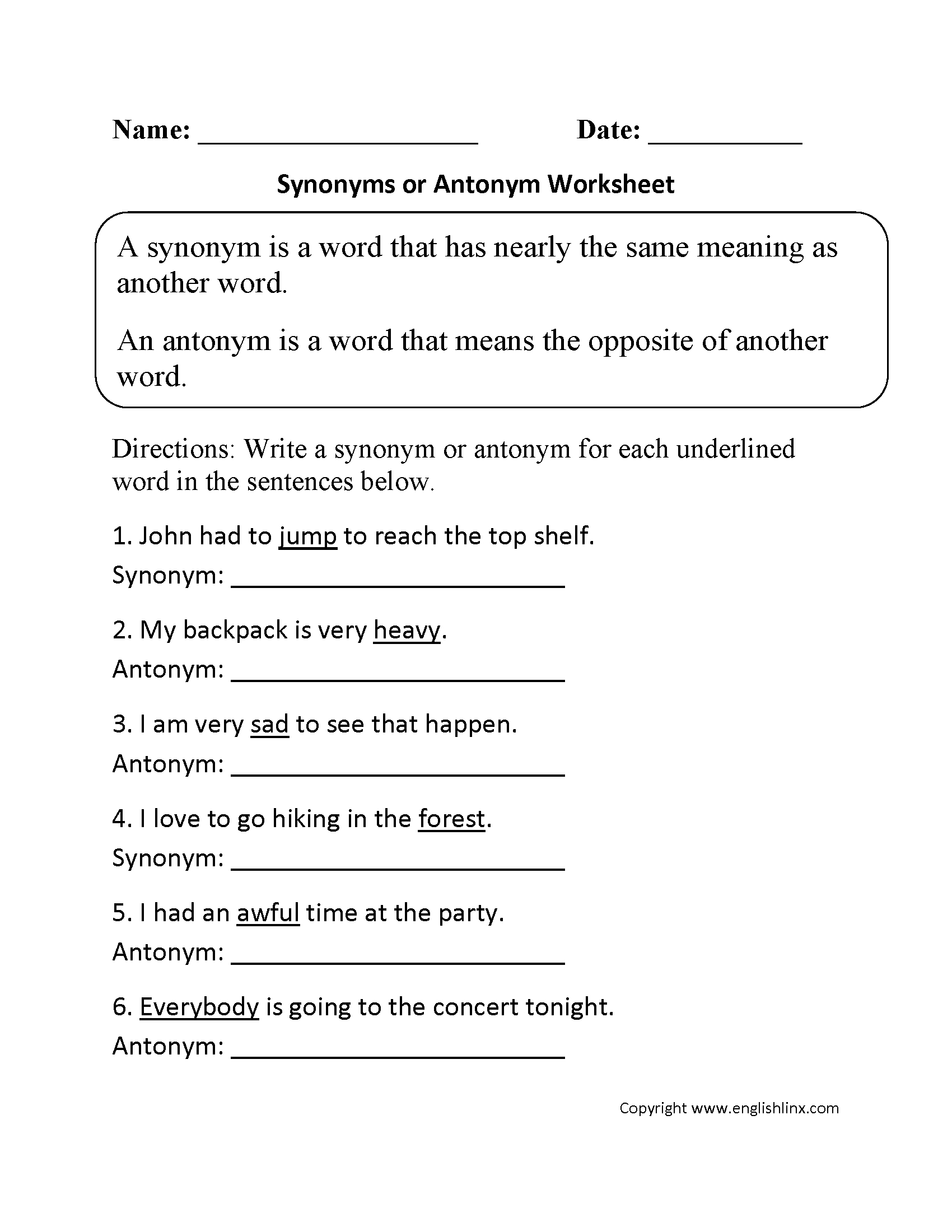 3Rd Grade Synonym And Antonym Worksheet