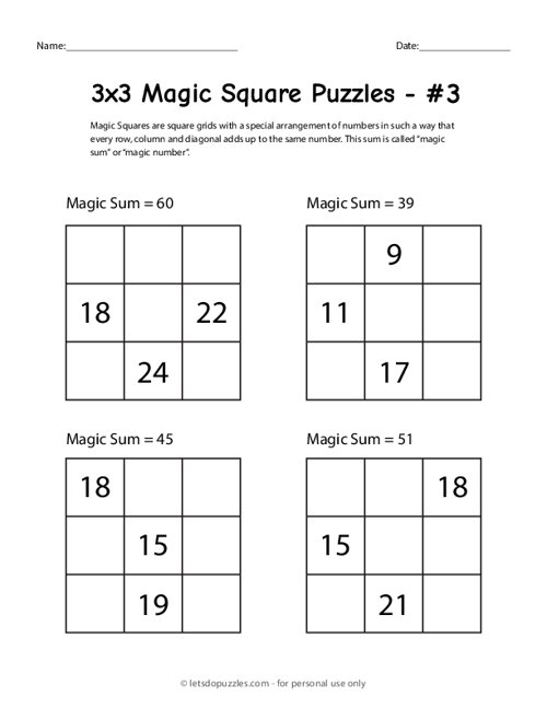 3X3 Magic Squares For Kids