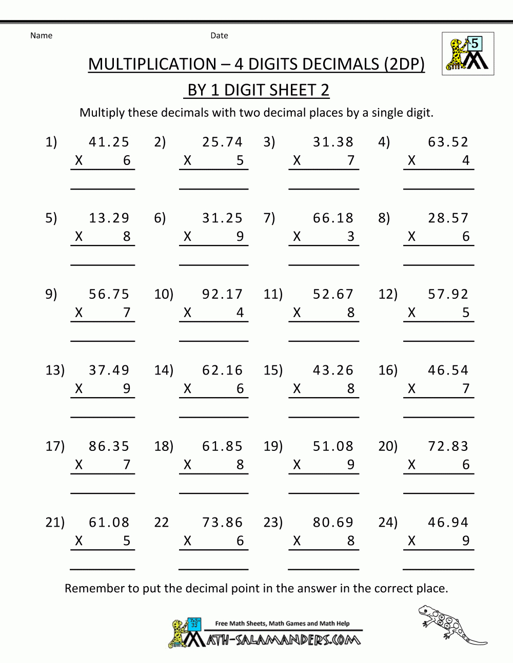 4 Digit Multiplication Worksheet