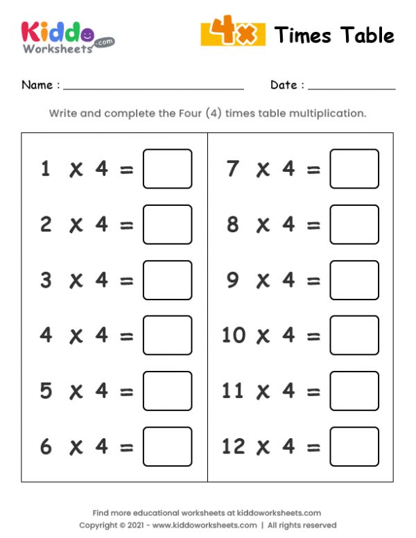 4 Times Tables Worksheets Pdf Multiplication By 4 Tests Pdf