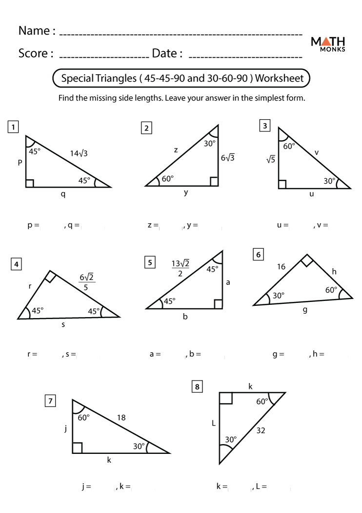 45 45 90 Special Right Triangles Practice Math Review Worksheets