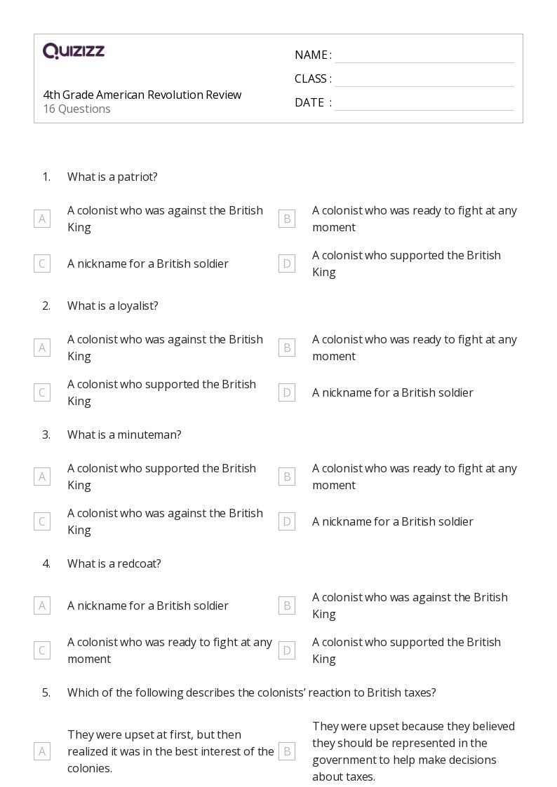 4Th Grade American Revolution Worksheets