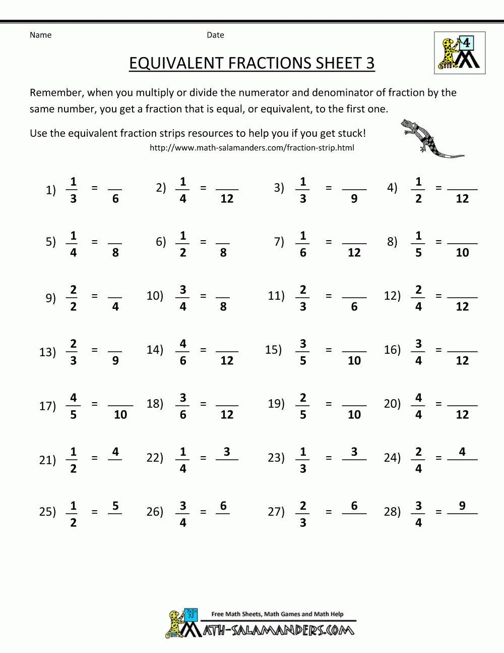 4Th Grade Equivalent Fractions Printable Worksheets Printable