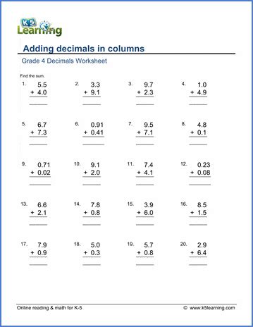 4Th Grade Math Decimals Worksheets Free Printable Splashlearn