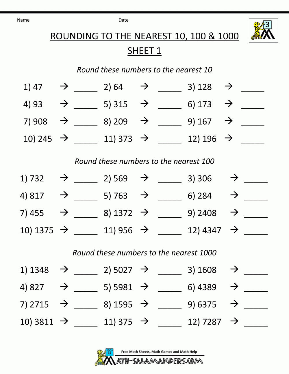 4Th Grade Rounding Math Worksheets Worksheets With Answers