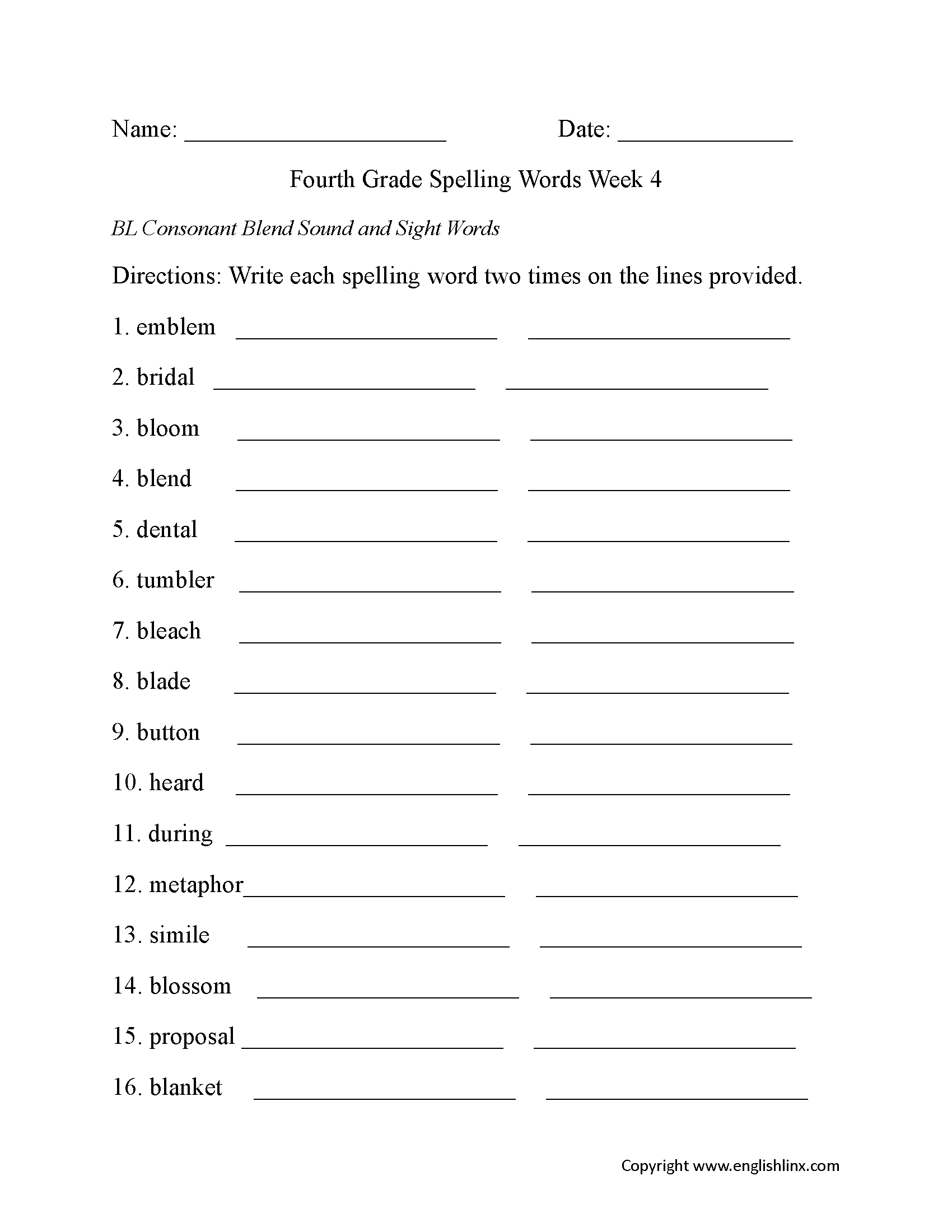 4Th Grade Spelling Worksheets Printable Learning How To Read