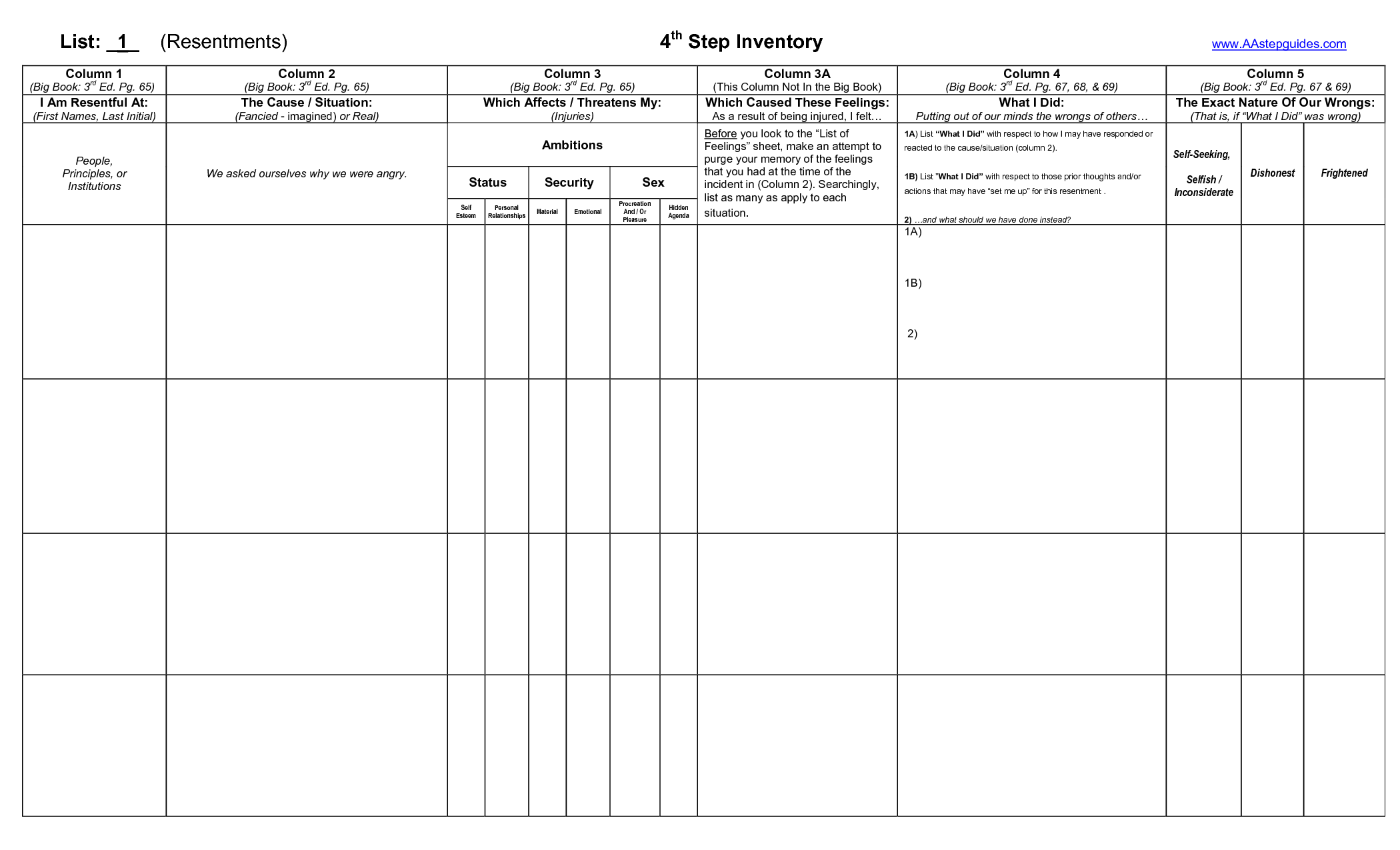 4Th Step Inventory Worksheets