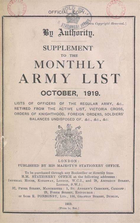 5 Army Lists Monthly Army Lists 1919 Supplement October 1919 British Military Lists