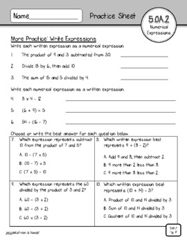 5 Oa 2 Practice Sheets Numerical Expressions By Kathleen And Mande