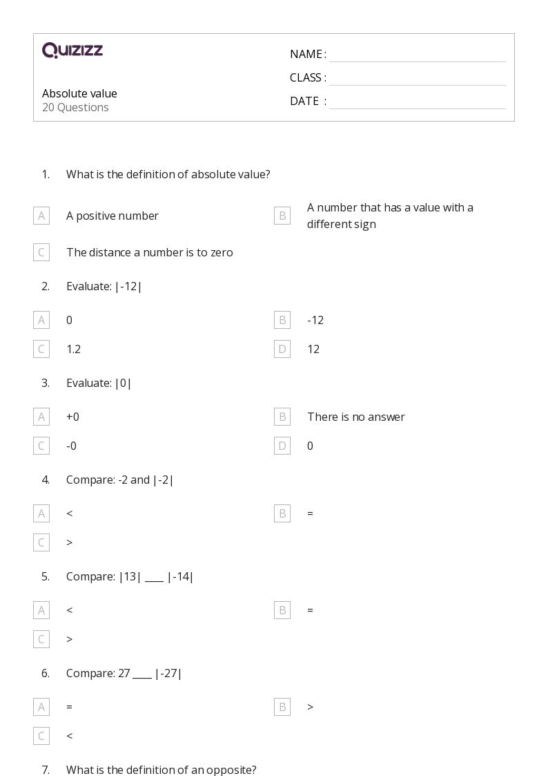 50 Absolute Value Worksheets For 1St Year On Quizizz Free Amp Printable