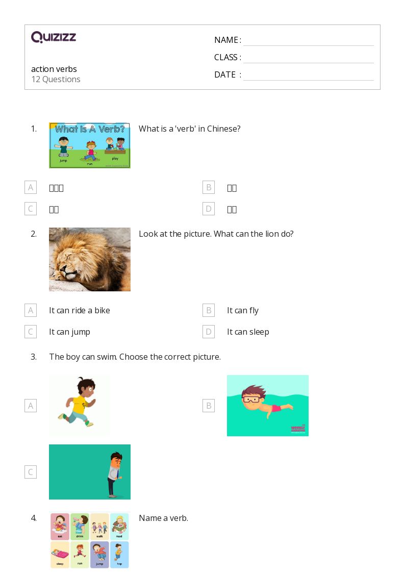 50 Action Verbs Worksheets For 1St Grade On Quizizz Free Printable