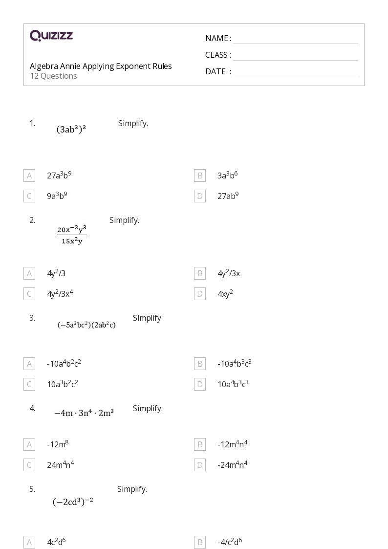 50 Algebra Worksheets For 9Th Class On Quizizz Free Amp Printable