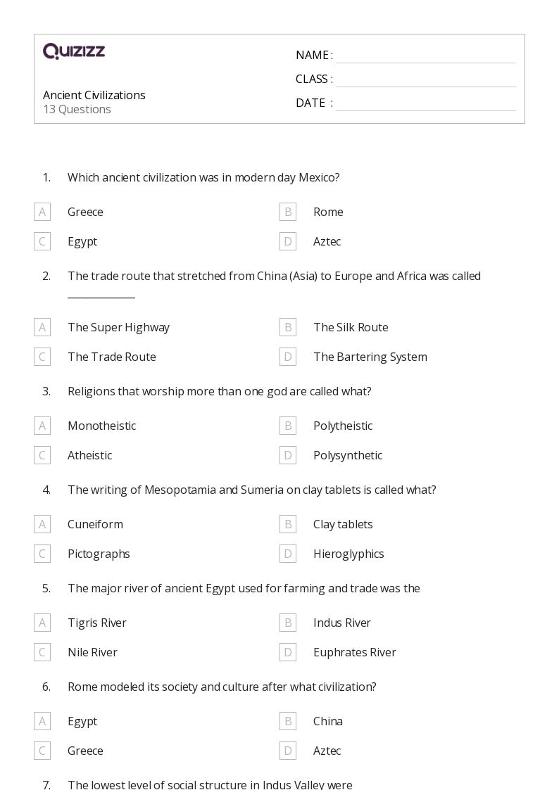 50 Ancient Civilizations Worksheets For 5Th Class On Quizizz Free Amp Printable