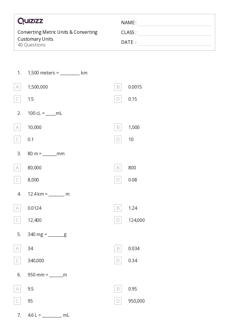 50 Converting Metric Units Worksheets On Quizizz Free Printable